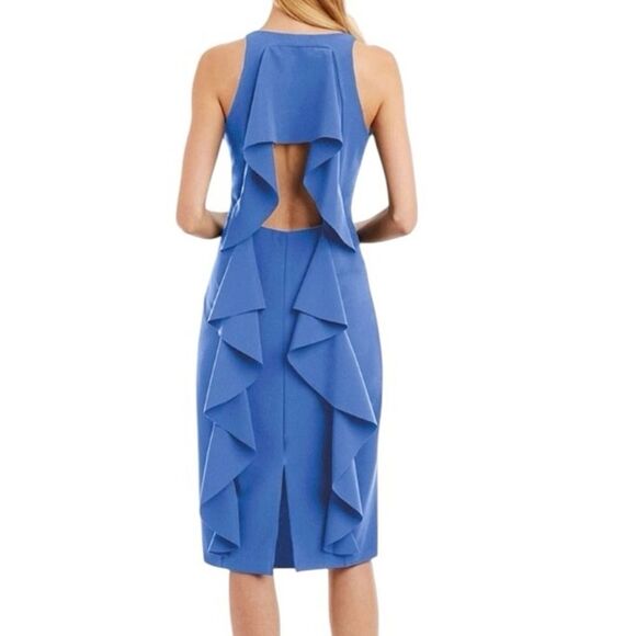 Nicole Miller New York Cascade Ruffle Back Blue Midi Sheath Dress Feminine SZ 4 - Picture 3 of 14